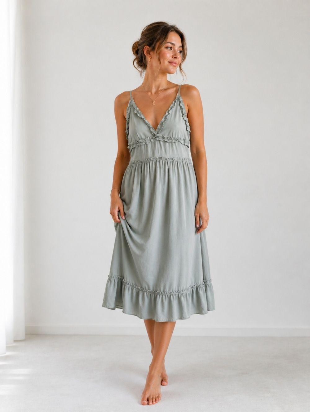 Women's Summer Dress Ruffles Minimalist Spring Olive Green
